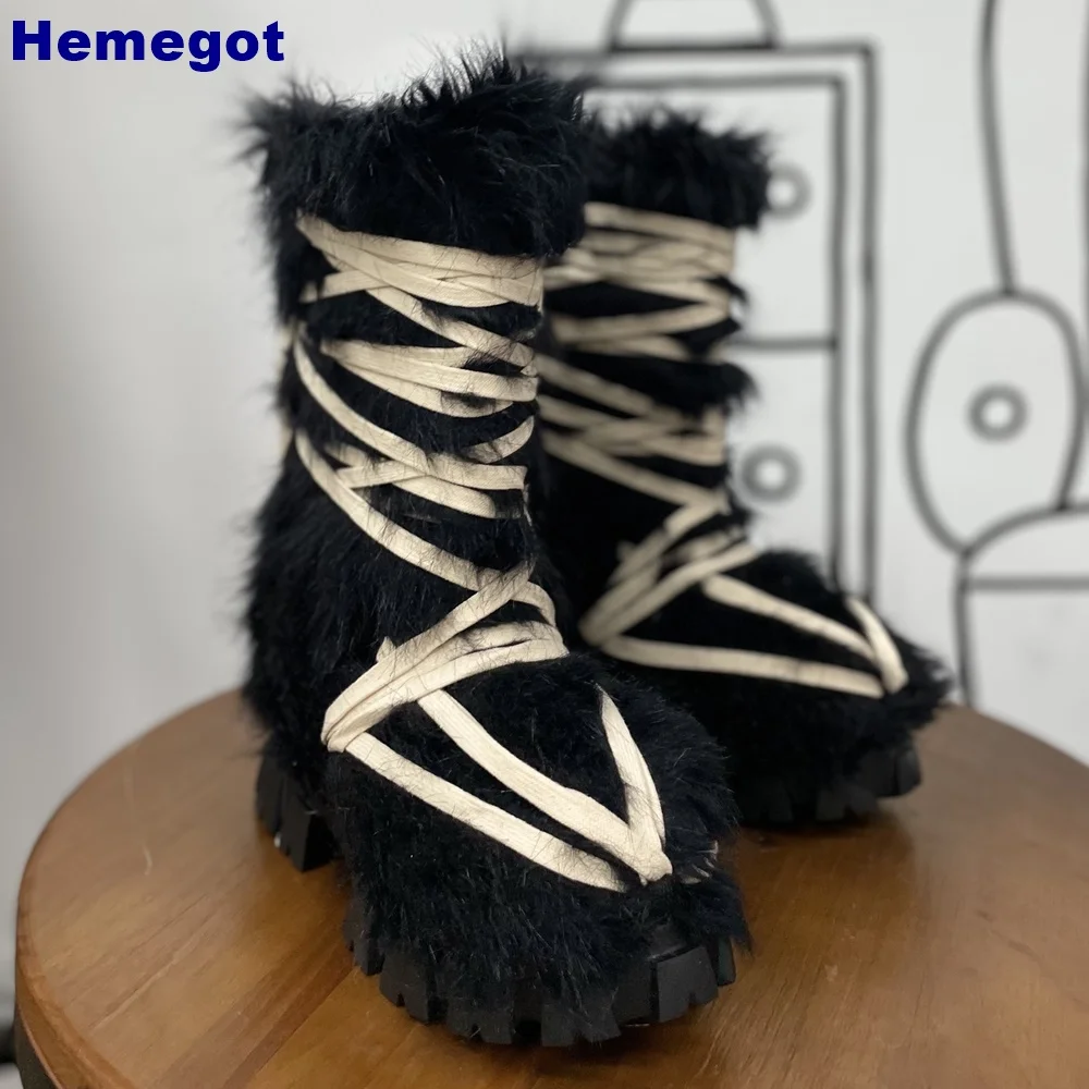 Street Fashion Y2K - Kadın Siyah Tüylü Orta Boy Platform
